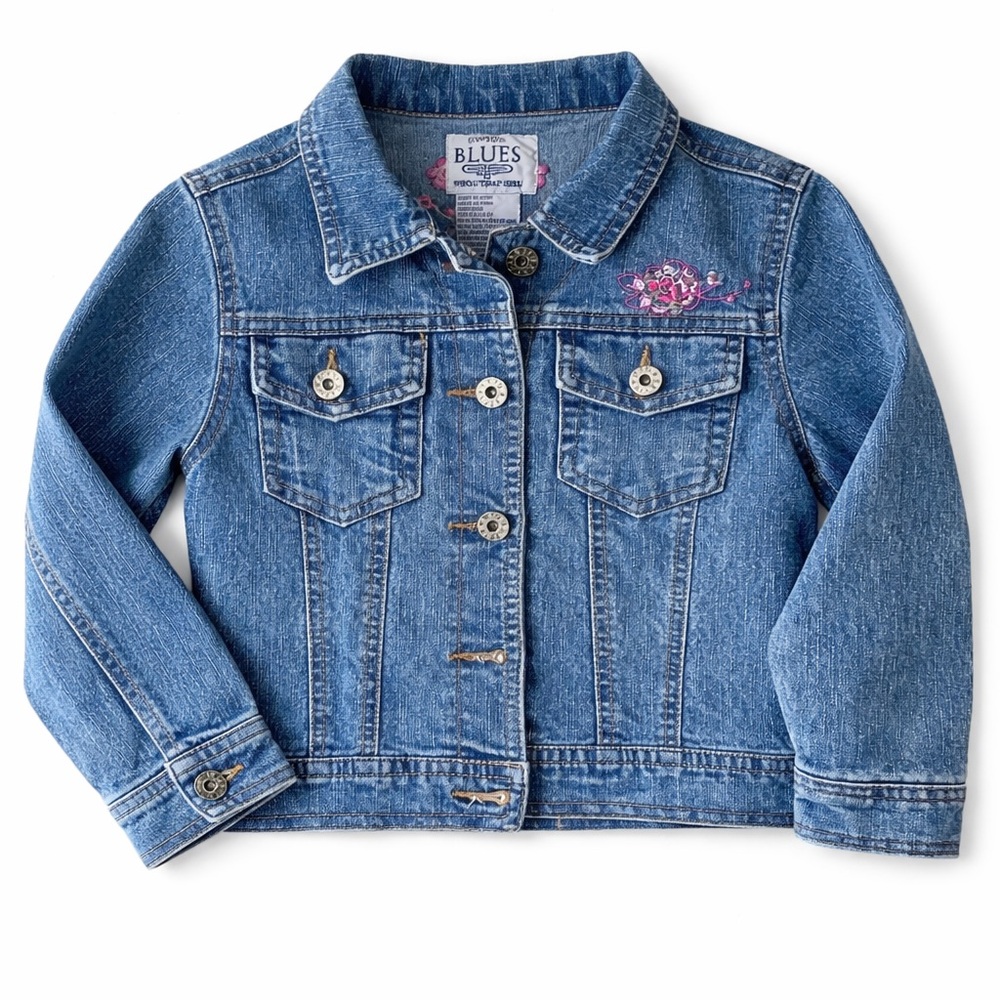 Girls' Blue Denim Jacket with Pink Floral Accent